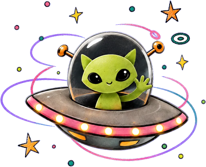 Smish Smash alien cat mascot in a UFO