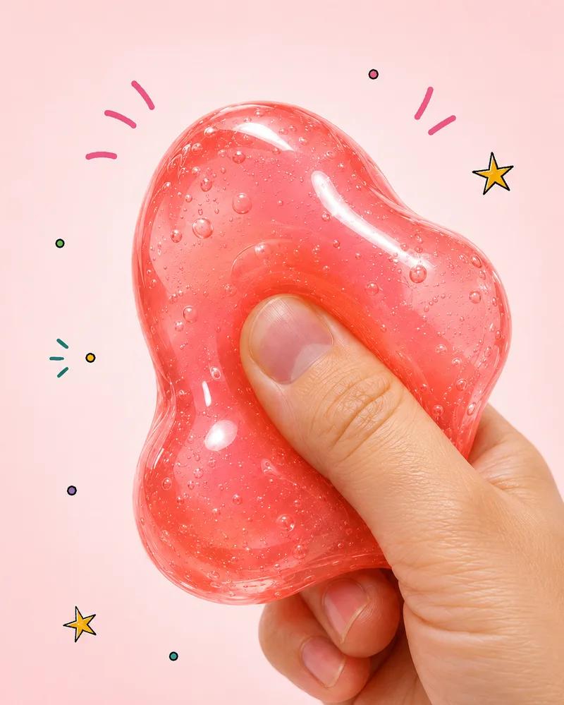 Thumb pressing into a pink jelly squishy