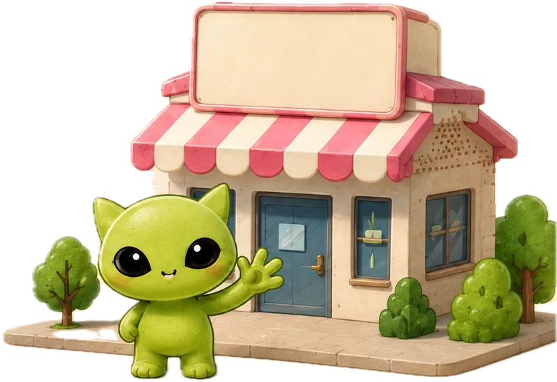 Smish Smash alien mascot waving outside a shopfront